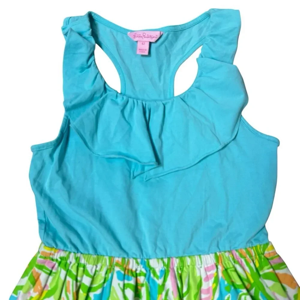 Lilly Pulitzer Little Lorraine Floral Dress Girls 12 Green Blue Summer Preppy